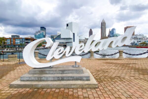 Cleveland Script Sign overlooking the city